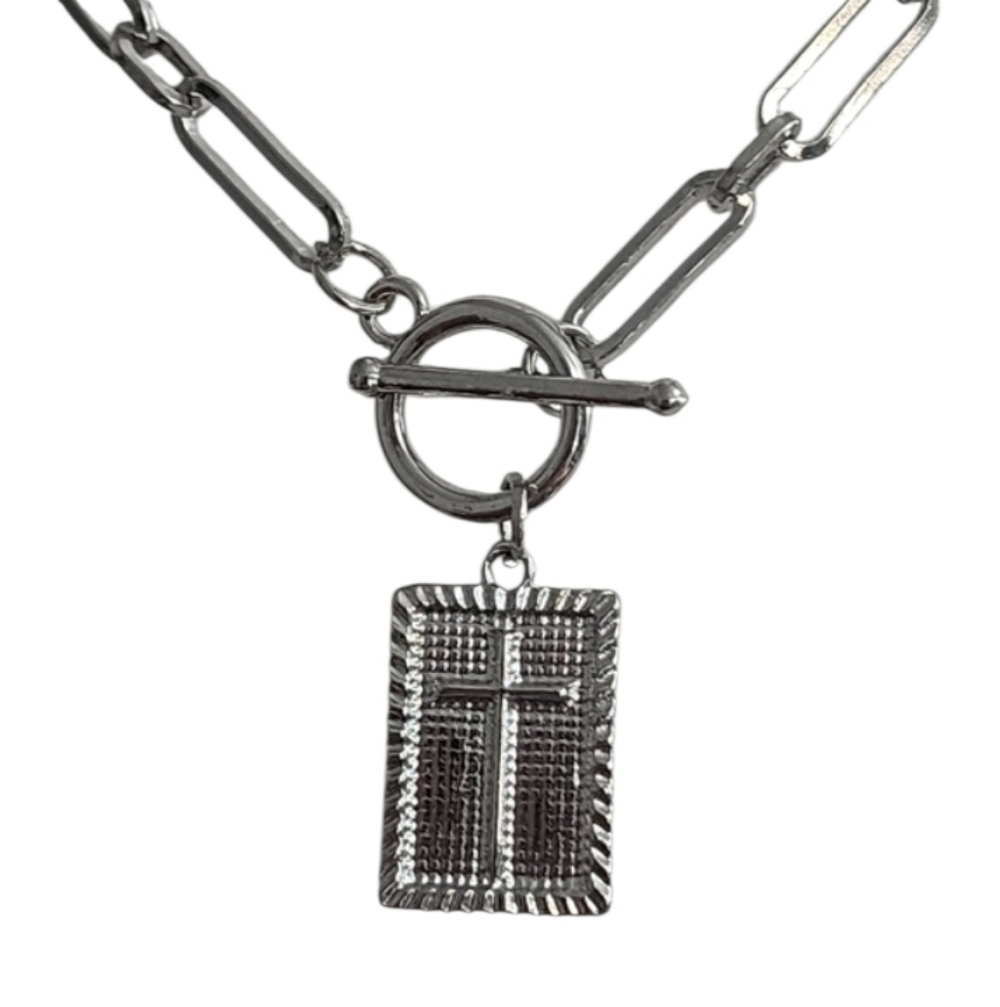 Silvertone Cross Pendant Paperclip Necklace